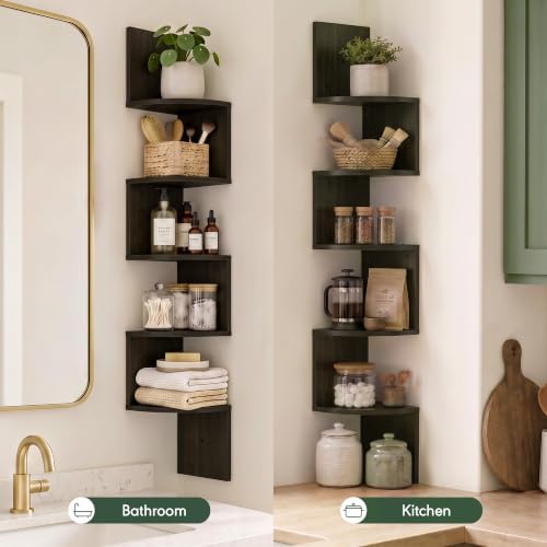 Furinno Rossi 5-Tier Floating Corner Shelf for Wall, Corner Zigzag Shelf Wall Mounted, Radial Wall Mount Shelves, for Ho