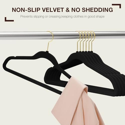 Korpai 50 Pack Black Velvet Hangers,Felt Hangers with Gold 360°Swivel Hook,Coat Hanger Non Slip,Heavy-Duty,Space Saving,Slim Clothes Hangers for Pants,Outfit,Skirts,Suits,Coats,Dresses ect.