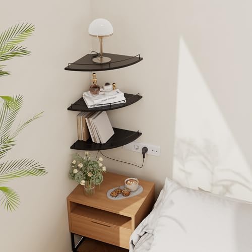 JJL Corner Shelf with Rails, 3-Tier Fan-Shaped Floating Corner Shelf Wall Mounted, 12 Inch Black Rustic Wood Heavy Duty 