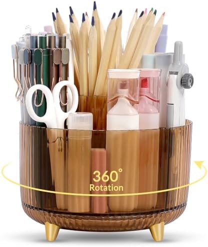 SKYDUE Rotating Pencil Pen Holder, Pen Organizer with 5 Slots - Aesthetic Desk Organizer and Accessories for School, Home, Office Supplies, Clear Tawny