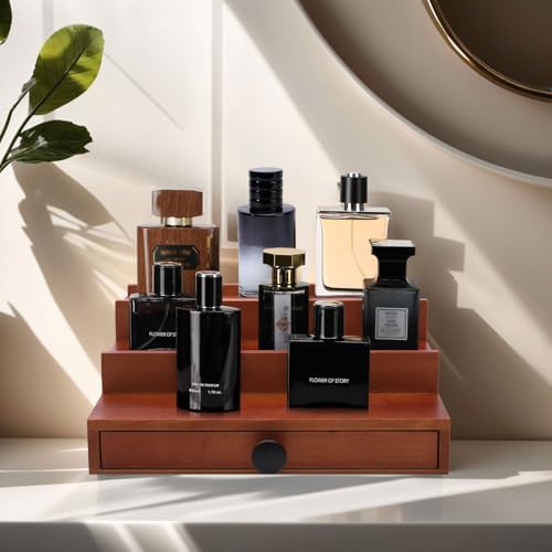 3 Tier Men's Cologne Organizer, Brown Wood Perfume Display Stand w/ Drawer