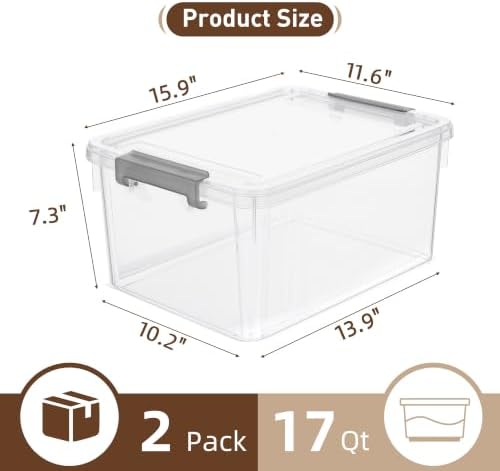 Citylife 2-Pack 17 QT Clear Plastic Storage Bins with Latching Lids