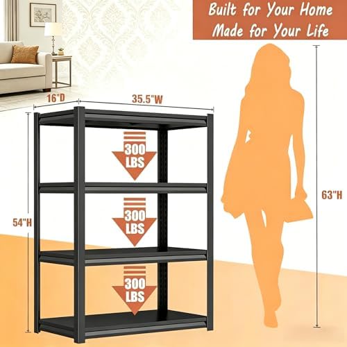 4 Tier Metal Bookshelf, Industrial Bookcase with Sturdy Steel Frame & Office Shelves, 1200LBS Display Shelving, Adjustab