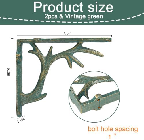 1PCS Cast Iron Deer Antler Wall Shelf Bracket, 6.2in (H), Green & Gold