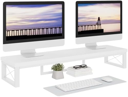 IBUYKE Large Dual Monitor Stand Riser for 2 Monitors, Wooden Desktop Computer Monitor Stand Storage Shelf and Steel Legs