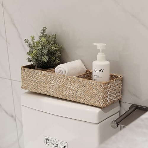 Whitewash Seagrass Toilet Paper Basket 3 Sections 16.5 x 5.5 x 3.5inch