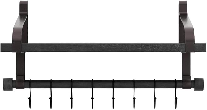 Love-KANKEI 17.3" Floating Wall Shelf Wood/Bracket,Coffee Bar,Black/Brown | Spice Rack,Towel Bar/8 Hooks,40 Lbs/shelf,Easy to Install,For Kitchen,Bathroom,Living Room,Bedroom,Office,Entryway Display