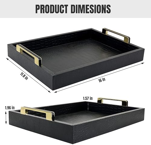 Black Serving Tray with Handles, Large Alligator Faux Leather Decorative Tray, Coffee Table, Ottoman Rectangular Trays f