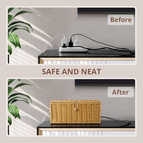 Cable Management Box, Handwoven Synthetic Rattan Cable Organizer, 2 Side Open Slots Cords Hider Box, Under Desk Cord Org