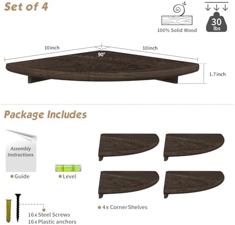 Forbena Floating Corner Shelves for Wall Set of 4, Small Corner Bookshelf for Bedroom Books, Round Wooden Corner Shelf W