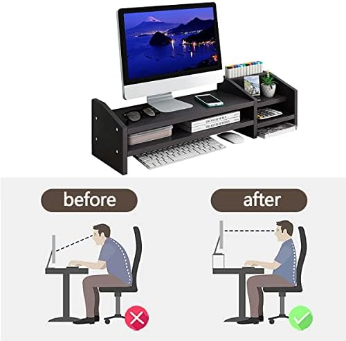 Computer Monitor Riser, 2 Tier Wooden Stand With Two Layer Storage Rack, Black Desktop Organizer for PC/Laptop, Home & O