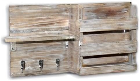Rustic Wooden Wall-Mounted Key Hooks Holder & Mail Sorter | Farmhouse Decor | 3 Metal Hooks & Small Shelf | Natural Torched Wood | Easy Installation
