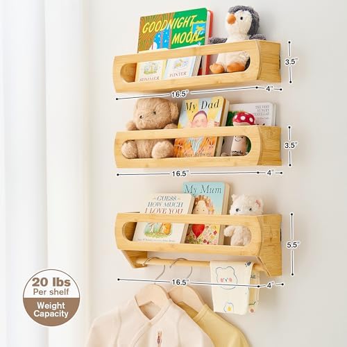 Nursery Shelves for Wall, Premium Bamboo Wood, Fully Assembled - Nursery Book Shelves, Book Shelf for Kids Rooms, Multi-