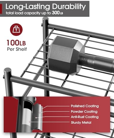 Sakugi 3-Tier Metal Storage Shelves Adjustable Feet, 18"x12"x30", Black