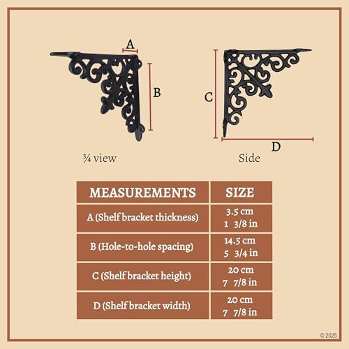 Mystic Colonial Medieval Cast Iron Victorian Scrollwork Shelf Brackets | 7-inch Heavy-Duty Wall Mount Supports with Blac