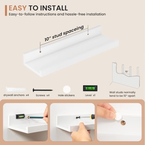 Dreamland Picture Ledge Shelf for Wall, Floating Shelves Set of 4,16 inch Long Floating Shelves with Lip for Living Room,Bedroom,Bathroom,Kitchen,White