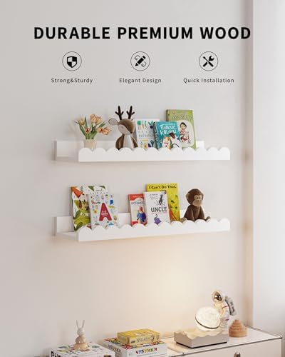 Shario Nursery Book Shelves, 4-Pack White Floating Shelves for Wall Kids, Scalloped Shelves, Wall Book Shelves for Bedro