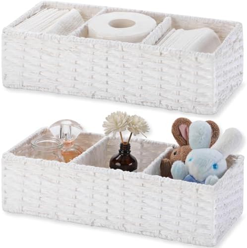 Vagusicc 3 Section Wicker Storage Basket, White Wicker Baskets for Storage, Toilet Tank Basket, Small Baskets for Organi