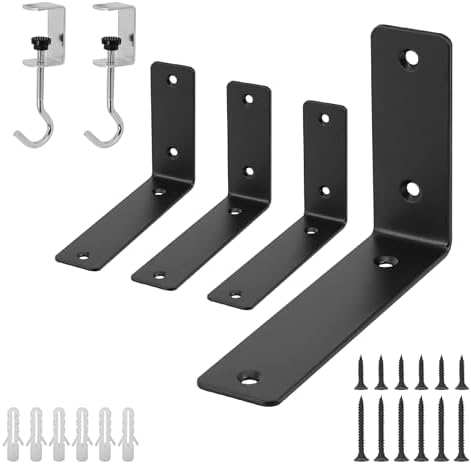 L Floating Shelf Brackets,4 Pack Heavy Duty L Brackets for Shelves, L 6" X H 4" Black Metal Countertop Support Brackets,