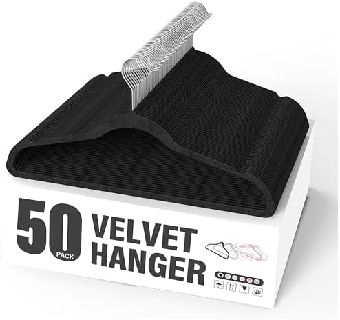 Simple Deluxe 50 Pack Velvet Hangers, 360° Swivel Hook, Non-Slip Heavy Duty Hanger Set with Shoulder Notches, for Coat, Pants & Dress, Black