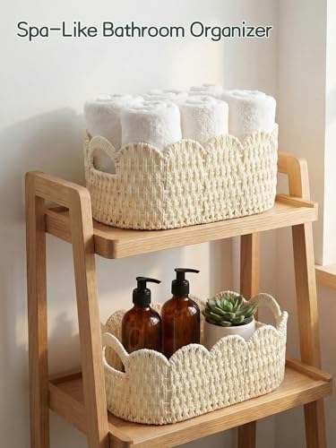 Set of 2 Paper Rope Scalloped Baskets, Small Baskets for Gifts, Beige