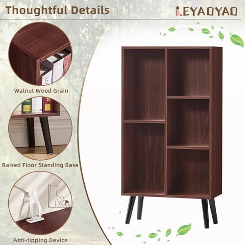 LEYAOYAO 5 Cube Bookshelf, Mid-Century Modern Book Shelf with Legs, Walnut