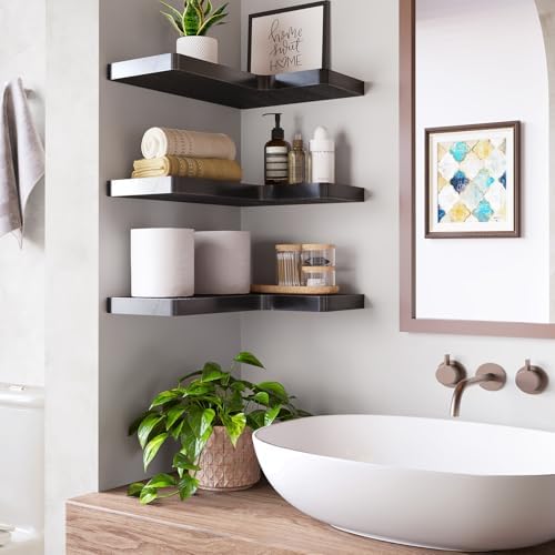 Fixwal Corner Floating Shelves for Wall Mounted Natural Solid Wood 16"x11.4" Farmhouse Home Decor Display Shelving Set o