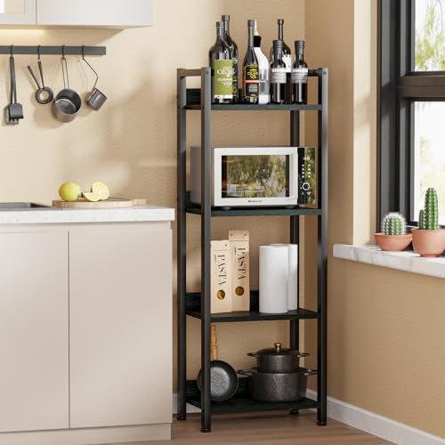 Furologee 4 Tier Bookshelf with Drawer, Small Narrow Bookcase, Black Oak