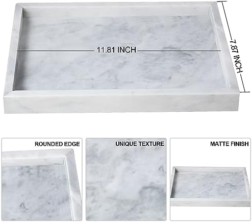Natural Marble Vanity Tray - 4.66 lbs (2.1kg) Ultra-Heavy Solid Stone Tray - 11.8" x 7.9" Rectangle Bathroom Organizer f