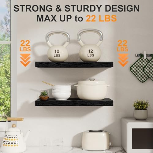 Black Floating Shelves 22.5 Inch Long, 8 Inch Deep Floating Shelf Wall Mounted, Rustic Wood Bathroom Shelves for Storage