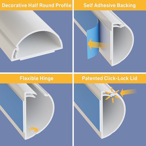 D-Line Half Round Cord Hider, Patented Cable Cover, Hide TV Wall Mount Wires, Raceway for Cords, Decorative Wire Covers,