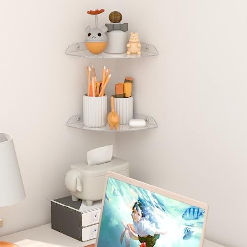Sezanrpt 9.5x9.5 Inch Acrylic Corner Floating Shelf Set of 2, Clear Corner Wall Shelf for Home Décor, Speakers, Security