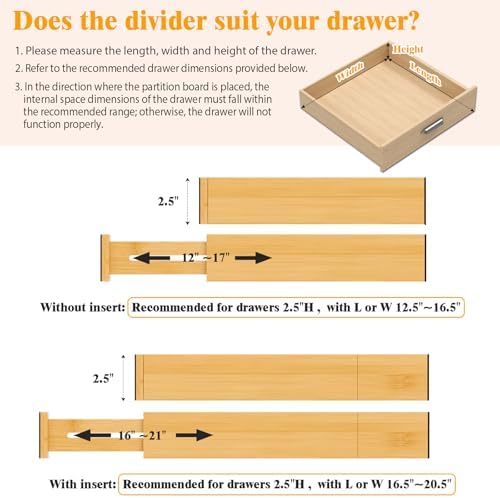 Bamboo Drawer Dividers, 12-21 Inch Kitchen Adjustable Drawer Organizers