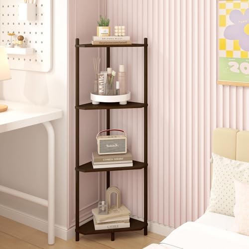 Wisuce Brown Small Corner Shelf Stand, 4-Tier Bamboo Corner Bookshelf