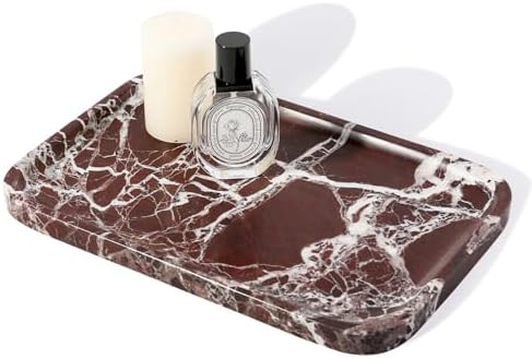 Marble Vanity Tray, 11.8in Stone Bathroom Tray for Countertop, Red Decorative Tray for Dresser Organizer, Luxury Serving