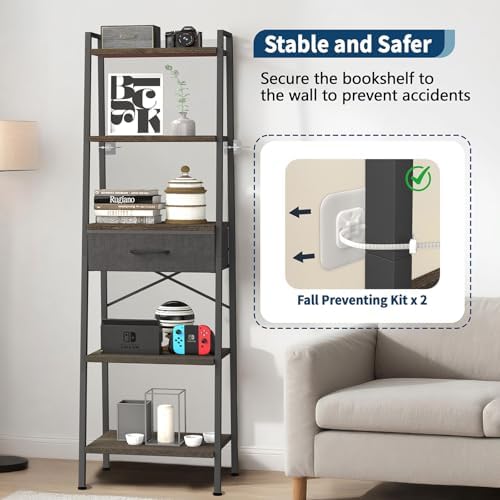 Whitmor 5-Tier Ladder Bookshelf with Drawer, Tall Narrow Bookcase with Wood Shelves & Metal Frame, Modern Display Storag