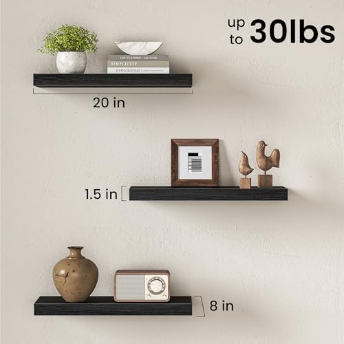 20" Floating Shelves for Wall, Set of 3, 8" Deep, 1.5" Thick, Black