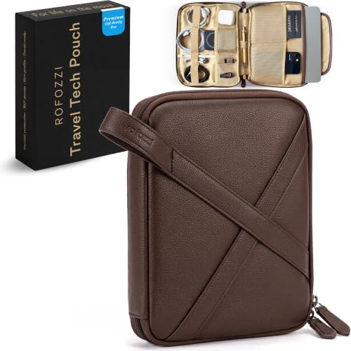 rofozzi Vegan Leather Travel Tech Pouch, Electronics & Cable Case Organizer with Padded 11-Inch Tablet Sleeve and Passpo