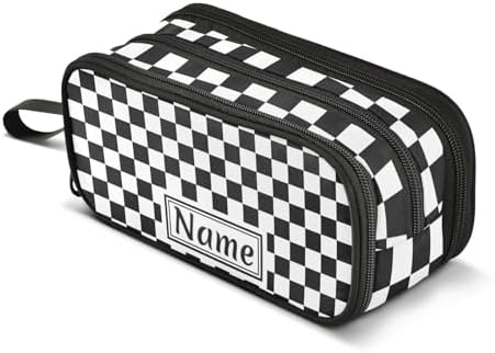 Custom Black White Checkered Pattern Pencil Case Box Boys Girls Personalized Name Large Pencil Pouch Stationery Pen Bag Organizer for Kids Adults School