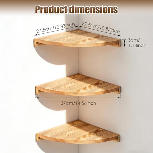 Corner Shelf Wall Mount, Set of 3 Floating Corner Shelf with Cord Hole 3 Tier Wood Wall Display Rack Storage for Bathroo