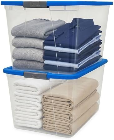 HOMZ Clear Plastic Storage Bin with Secure Latching Blue Lid, 64 Qt, 2 Pack
