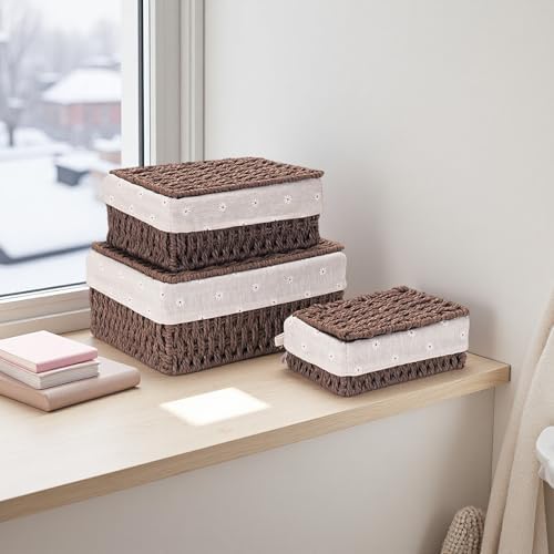 GIB Small Wicker Storage Baskets with Lid/Liner Woven Cute Decorative Boxes
