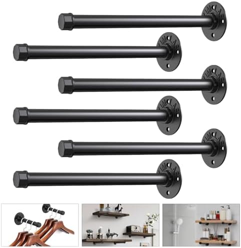 Industrial Pipe Shelf Brackets for 8-inch Board Iron Pipe Floating Shelves Heavy Duty Metal Shelving Brackets 6 Pack Bla
