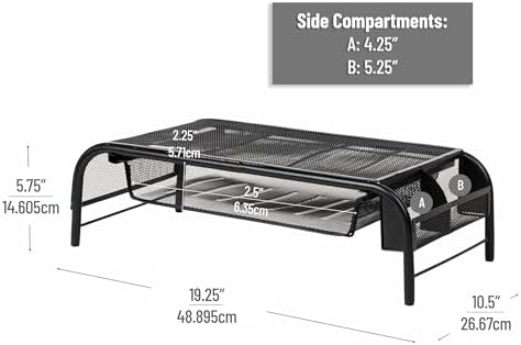 Mind Reader Monitor Stand, Ventilated Laptop Riser, Paper Tray, Storage, Office, Metal Mesh, 20"L x 11.5"W x 5.5"H, Blac