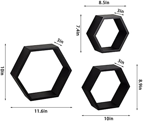 ROSE BLOOM Set of 3 Black Wood Hexagon Shelves for Wall Decor - Farmhouse Honeycomb Shelves for Living Room Decor, Kitch