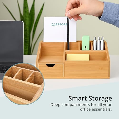 FLYGRUBS Thingles Bamboo Desk Organizer, Wood Pen Holder with Drawer, Storage Box, Pencil Box, Desk Tray for Office, Home Office - Wood Desk Organizer