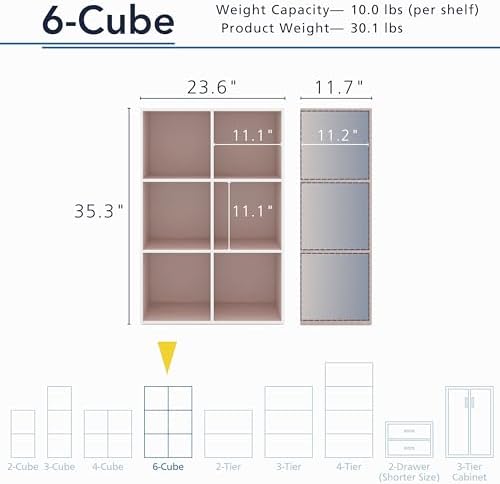Homes: Inside + Out Apexa 6-Cube Storage Organizer Shelves, Stackable Wood Bookcase Fits Cubby Bins for Organization, Do