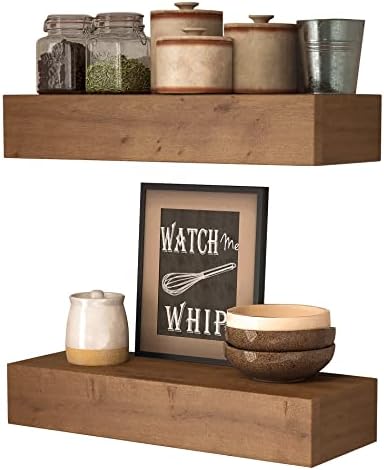 Wall Floating Shelves, Rustic Wood Wall Shelf Handmade - Wooden Shelves for Bathroom Kitchen Livingroom(Light Walnut, 17 Inch - 2 Pack)