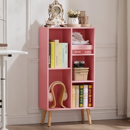 LEYAOYAO 5 Cube Bookshelf,Mid-Century Modern Bookcase with Legs,Light Pink