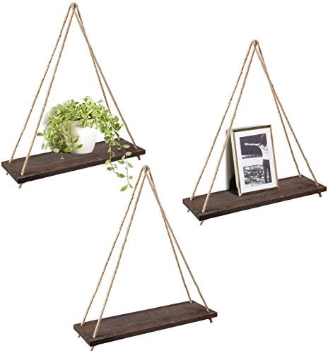Mkono Wood Hanging Shelves for Wall Boho Decor Swing Rope Rustic Floating Shelf, Set of 3 Wall Display Shelving Home Org